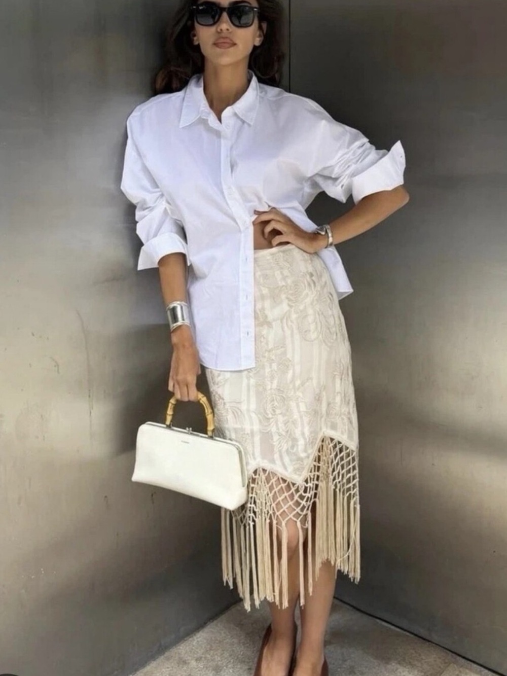 Zara ZW Collection Embroidered Fringed Skirt in Ecru